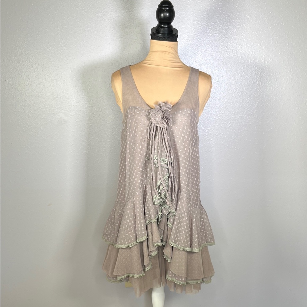 Gray rosette tiered ruffle mesh mini dress M fairycore coquette brunch soft girl - Picture 2 of 16